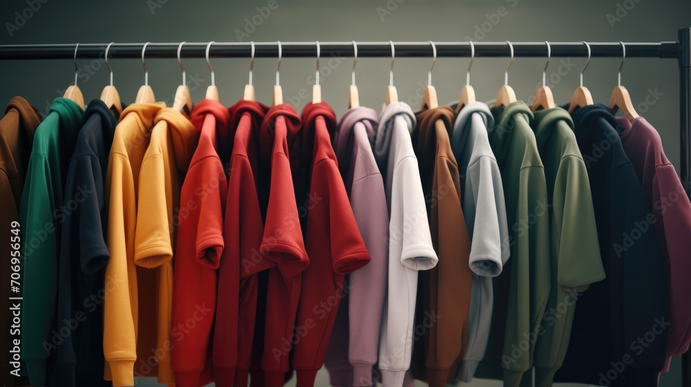 Hoodies of different colors hang on a hanger Hoodies of different colors hang on a hanger