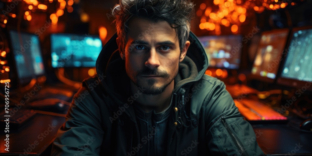 Portrait of cyberpunk system administrator programmer hacker person