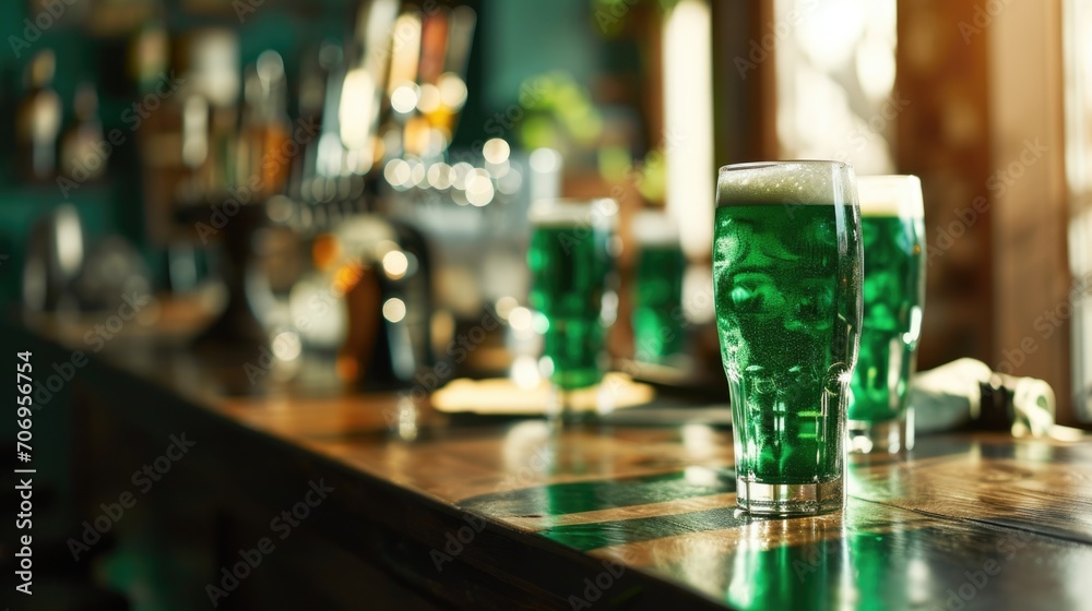 A group of glasses with green beer with a pub background on St. Patrick's Day