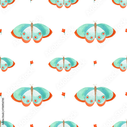Seamless watercolor pattern of butterflies on a white background. All elements are hand painted in watercolor. Suitable for printing on fabric, paper.
