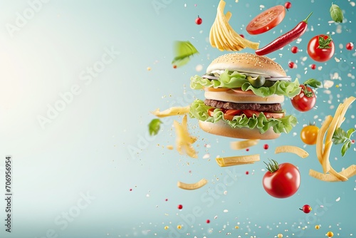 Flying hamburger with french fries and vegetables on blue background