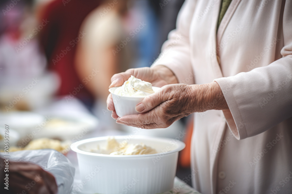 An elderly woman's hands carefully hold a small bowl of homemade fresh cream at a local food market. An elderly woman's hands carefully hold a small bowl of homemade fresh cream at a local food market.
