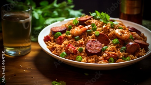 Spanish paella with shrimps, sausages and vegetables