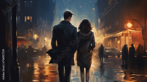 Back view of couple in love walking on street of city