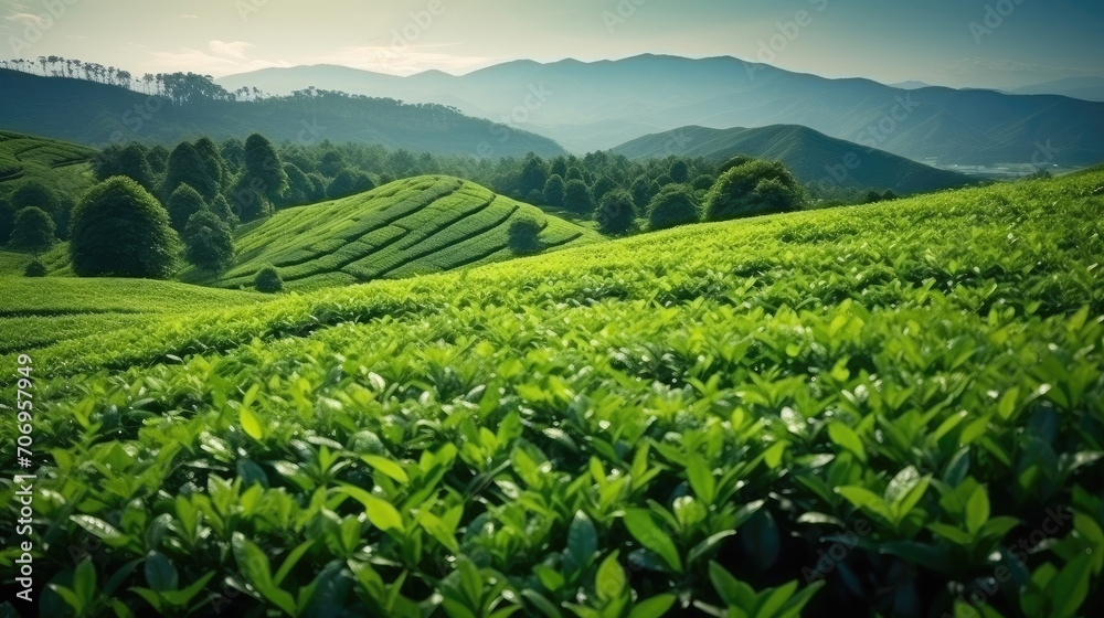 Green tea plantations hills. Landscape for an advertising banner of tea products.