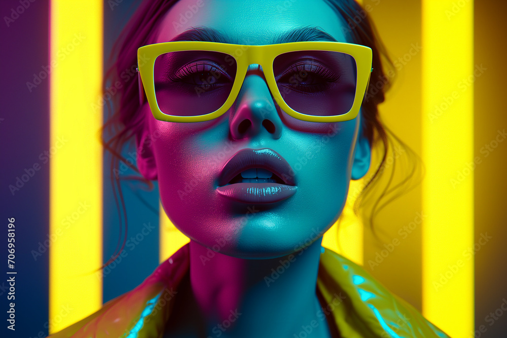 portrait of a stylish young girl model with blond hair in glasses in neon lighting. Portrait of fashion young girl round sunglasses in yellow and blue neon light in the studio portrait of a stylish young girl model with blond hair in glasses in neon lighting. Portrait of fashion young girl round sunglasses in yellow and blue neon light in the studio
