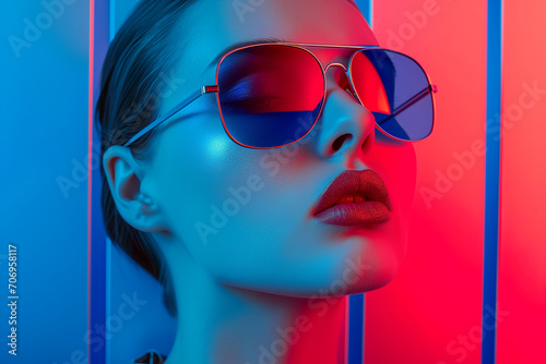 portrait of a stylish young girl model with blond hair in glasses in neon lighting. Portrait of fashion young girl round sunglasses in red and blue neon light in the studio