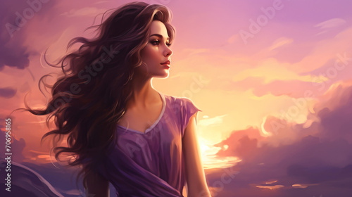 Beautiful woman in purple dress with long hair © Black