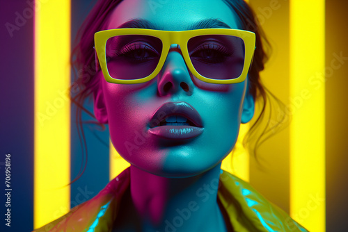 portrait of a stylish young girl model with blond hair in glasses in neon lighting. Portrait of fashion young girl round sunglasses in yellow and blue neon light in the studio