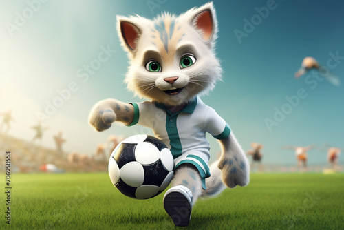 illustration of cat playing football, Vector 3d character, cat animal © Salawati