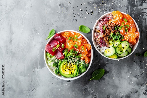 delicious healthy poke bowls on a polished concrete background, New Year diet goals