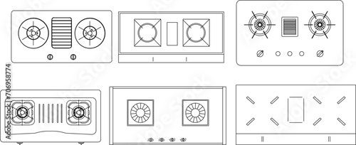 Collection of vector sketch illustrations of designs for stove cooking utensils seen from above