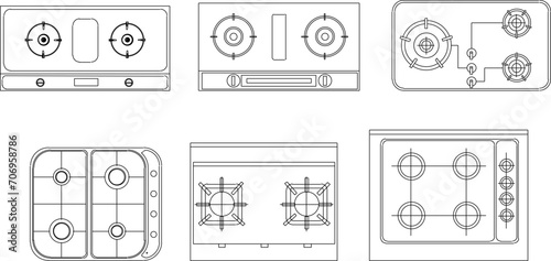 Collection of vector sketch illustrations of designs for stove cooking utensils seen from above