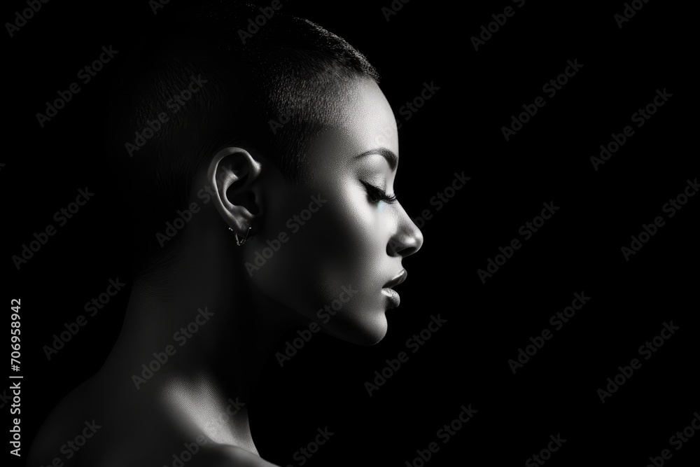 Attractive Young African American Lady With Short Hair Style, Monochrome Portrait, Copy Space