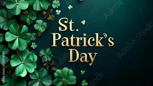 Happy St. Patrick's Day Text Over Green Bokeh Dark Green Background, "St. Patrick's Day" write in GOLDEN BOLD TEXT, gren Plant Dover, isolated dark background, colorfull, illustration, mockup, banner,