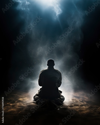 Silhouette of a Muslim man praying, surrounded by lots of light dew smoke, copy space - generative ai © Nia™