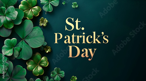 Happy St. Patrick's Day Text Over Green Bokeh Dark Green Background, "St. Patrick's Day" write in GOLDEN BOLD TEXT, gren Plant Dover, isolated dark background, colorfull, illustration, mockup, banner,