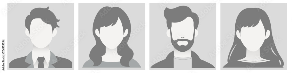 grayscale Avatar, user profile, person icon, silhouette, profile picture for unknown or anonymous individuals. The illustration portrays man and woman portrait for social media profiles, screensavers