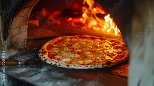 A delicious cheesy pizza takeout from a traditional oven in Italy in a cafe 