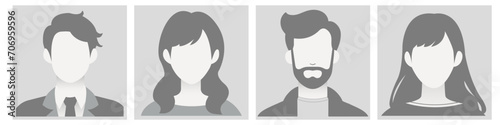 grayscale Avatar, user profile, person icon, silhouette, profile picture for unknown or anonymous individuals. The illustration portrays man and woman portrait for social media profiles, screensavers photo