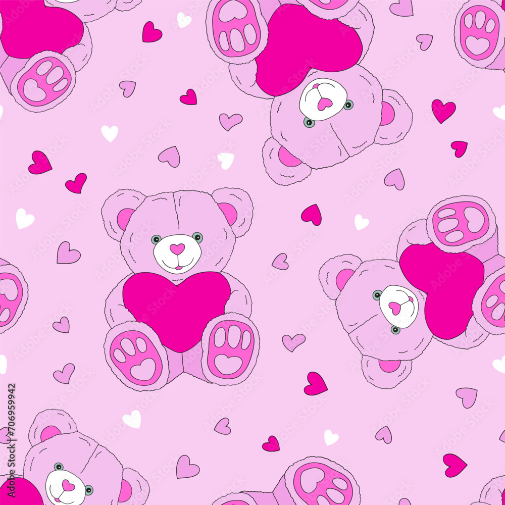 Cute 14 February holiday gift soft toy bear with heart vector seamless pattern. Saint Valentines Day romantic love background.