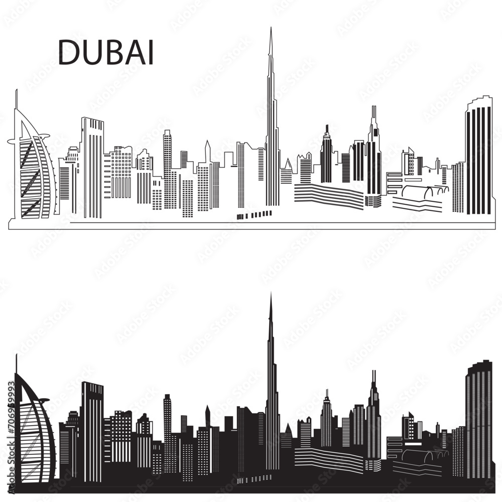 Vector Dubai Skyline Silhouette Clipart encapsulates the city's iconic architecture, featuring landmarks like Burj Khalifa. Perfect for elevating presentations, designs, and promotional materials with