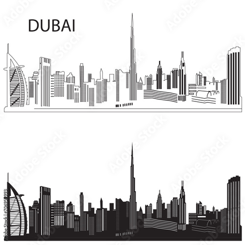 Vector Dubai Skyline Silhouette Clipart encapsulates the city's iconic architecture, featuring landmarks like Burj Khalifa. Perfect for elevating presentations, designs, and promotional materials with