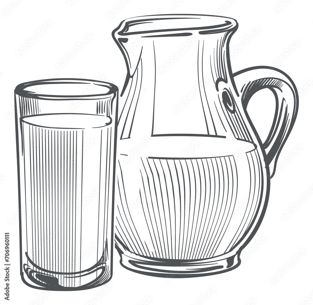 Milk jug and glass sketch. Fresh drink engraving Milk jug and glass sketch. Fresh drink engraving