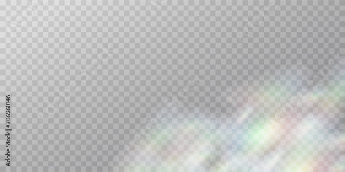 Colourful vector lens, crystal rainbow light and flare transparent effects. Overlay for backgrounds.Triangular prism concept