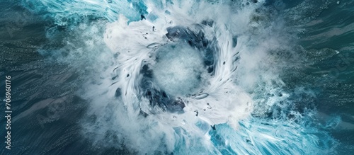 View from above of white foamy whirlpool, blue water, green