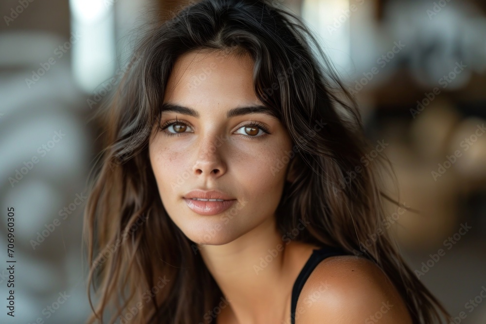 Portrait of a Beautiful Young woman with luxurious long hair looking into the camera.