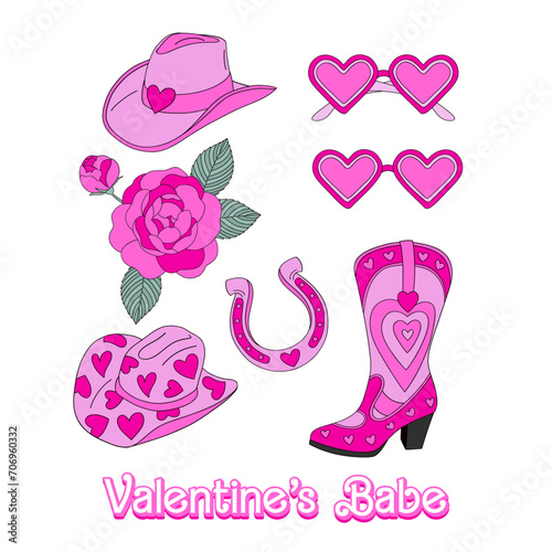 Howdy cowgirl heart shape accessories hat boots shades horseshoe rose vector illustration set isolated on white. Pink aesthetic Saint Valentines Day romantic love print collection.