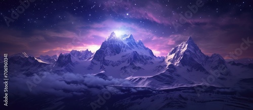 Night sky, flashes of the milky way, mountain peaks in a blanket of snow
