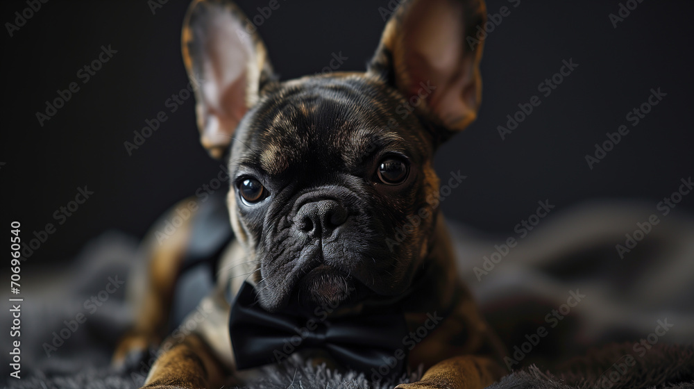 Cool bulldog wearing a bowtie lying indoors and looking at the camera, portrait of the animal