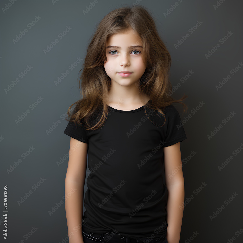 Girl kid wearing black t-shirt standing in front of camera, plain background Girl kid wearing black t-shirt standing in front of camera, plain background