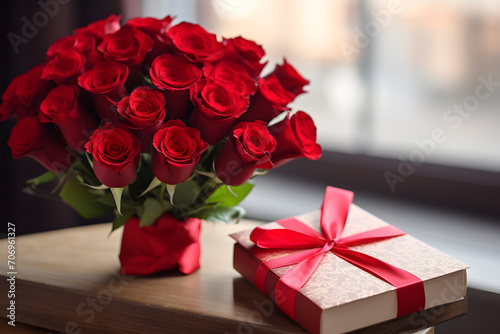 Bouquet of red roses next to a gift book