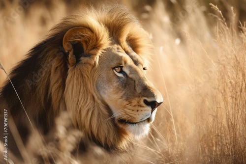 Illustration of fierce lion with lush mane gazing into savanna. Generative AI