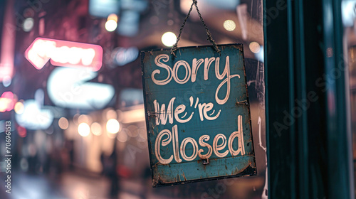 Closed sign hanging front of cafe mirror door. Business service and food drink concept. Vintage tone filter effect color style.