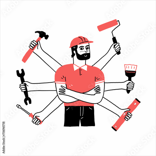 Professional handyman with many tools on his hands.