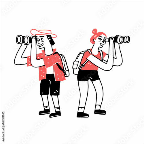 Tourist couple using binoculars.