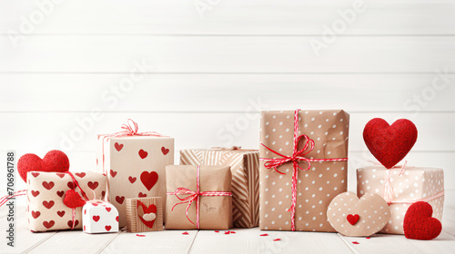Romantic gift with candles on wooden background. Love concept photo