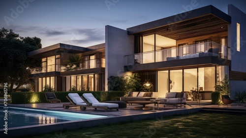 Beautiful modern style luxury home at sunset, featuring entrance and elegant design.
