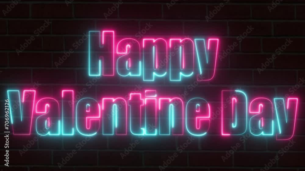 Glowing happy valentine 's day neon symbol on brick wall. Valentine signboard and vector illustration Glowing happy valentine 's day neon symbol on brick wall. Valentine signboard and vector illustration