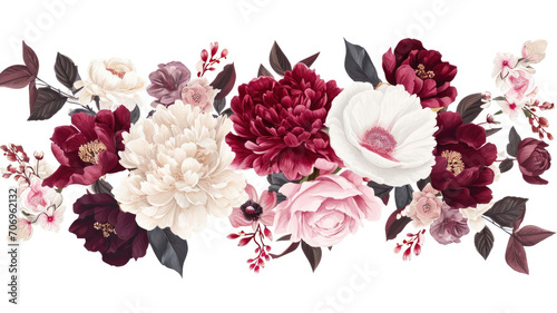 Flower composition with peony, roses, hydrangea, dahlia, anemone, eucalyptus