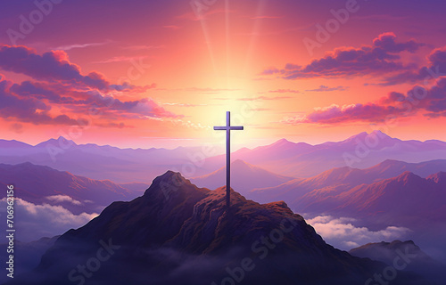 Cross on a Mountain with Radiant Sky 