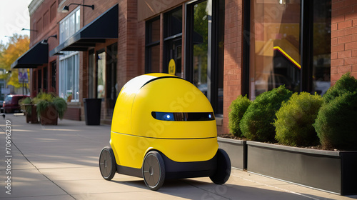 Yellow Delivery Robot in Urban Setting  Modern Convenience