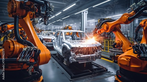 Robots Assembling Car Body: Automation in Manufacturing Plant photo