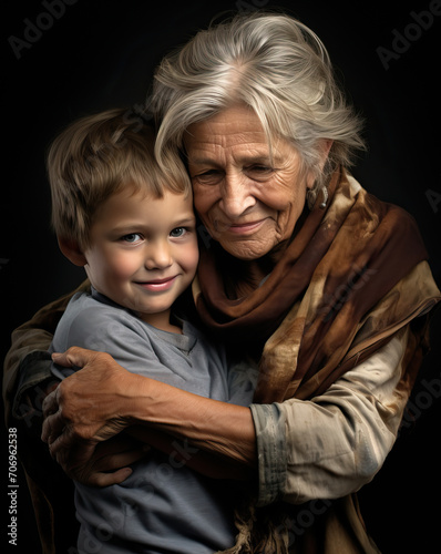Tender Grandmother-Grandson Embrace: Portrait on a Dark Background