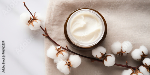 flat lay, a jar of face cream on a light background, cotton flowers. cosmetics, skin care. cosmetic product advertisement 