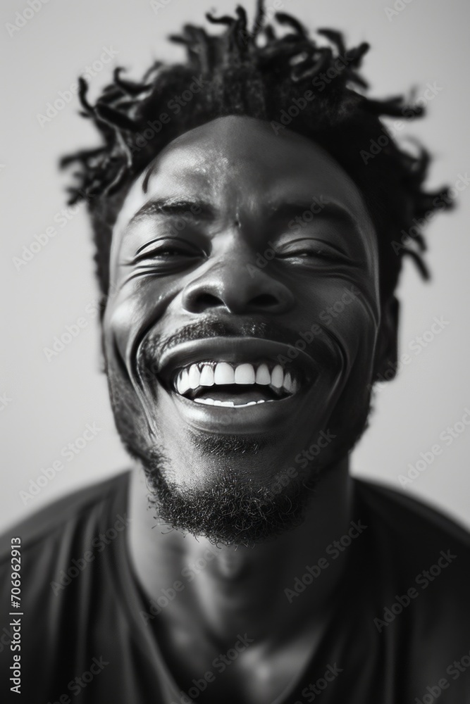 Black and white portrait of a man with a bright, infectious laugh
